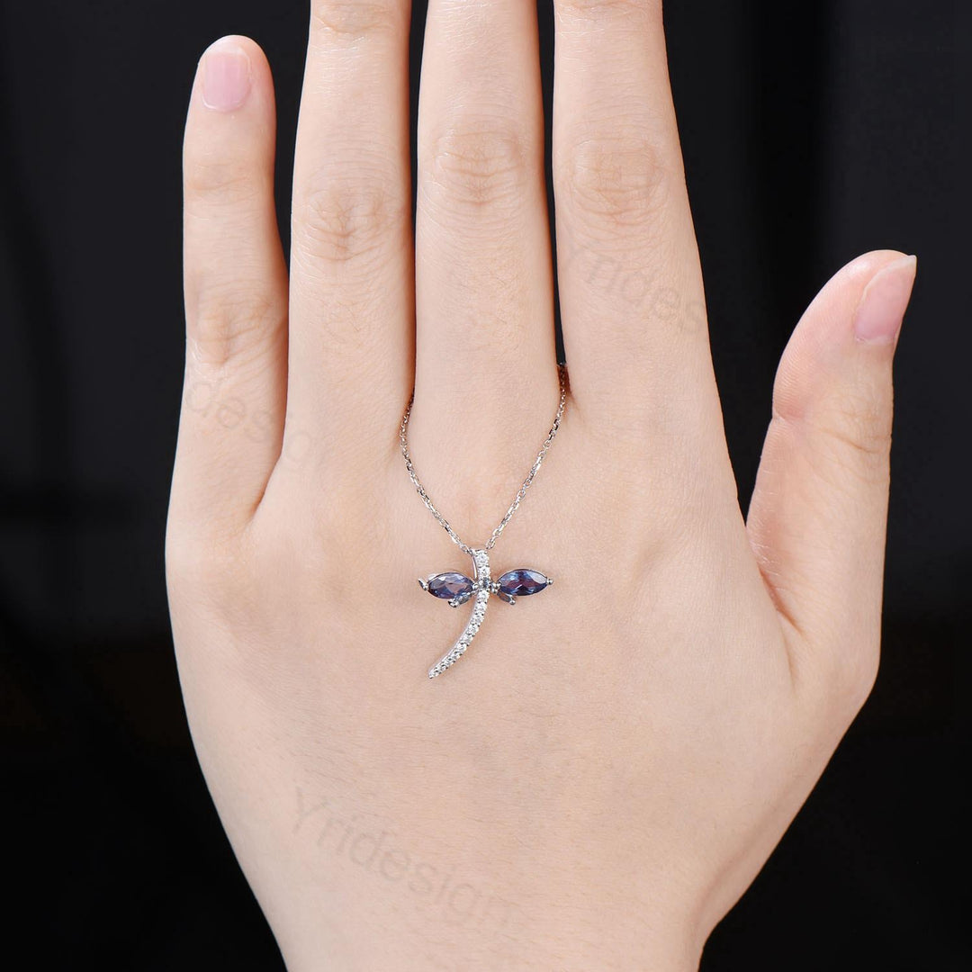Alexandrite Dragonfly Necklace with Moissanite Diamonds - Dainty Iridescent Insect Jewelry for Women, Delicate Nature-Inspired Pendant Gift - PENFINE