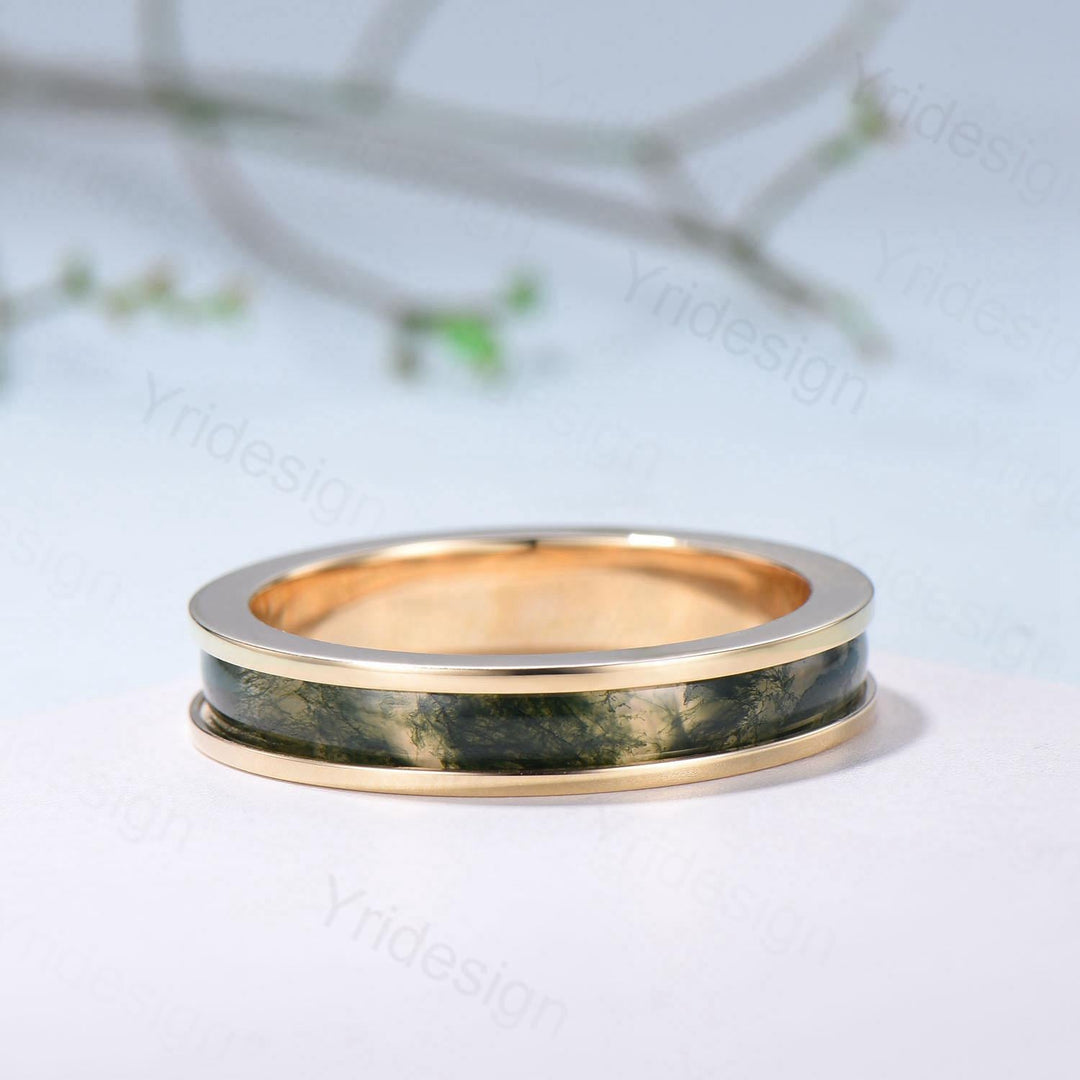 Men¡¯s 4.5mm Moss Agate Wedding Band Yellow Gold- Full Eternity Forest Jewelry, Dainty Stackable Anniversary Ring - PENFINE