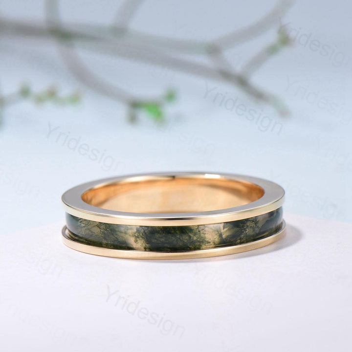 Men¡¯s 4.5mm Moss Agate Wedding Band Yellow Gold- Full Eternity Forest Jewelry, Dainty Stackable Anniversary Ring - PENFINE