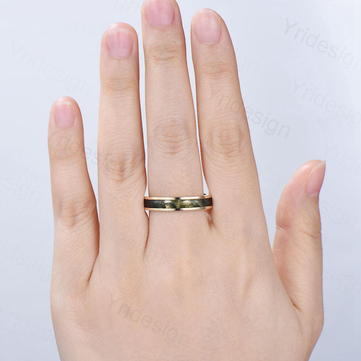 Men¡¯s 4.5mm Moss Agate Wedding Band Yellow Gold- Full Eternity Forest Jewelry, Dainty Stackable Anniversary Ring - PENFINE
