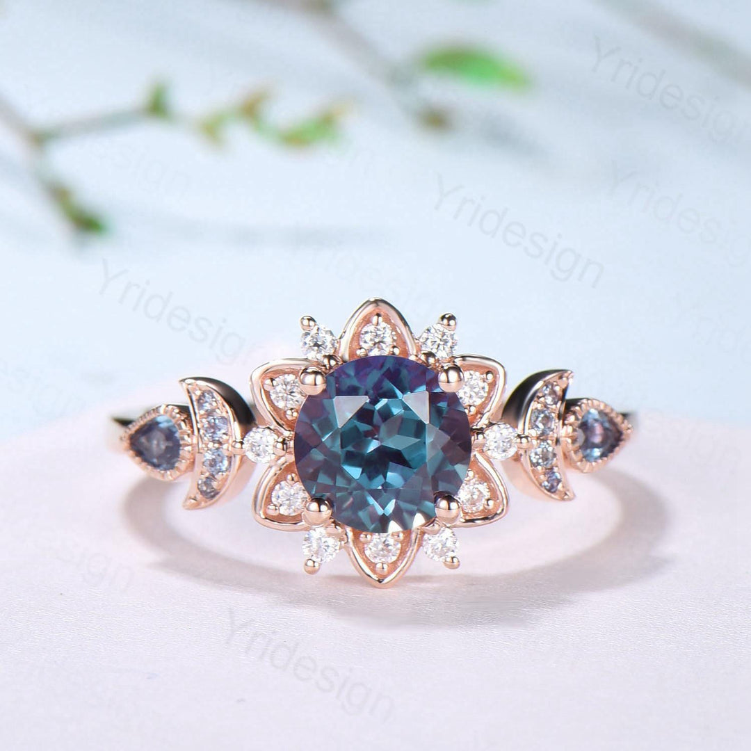 Floral Alexandrite Engagement Ring, Moissanite Diamond Lotus, Rose Gold - PENFINE