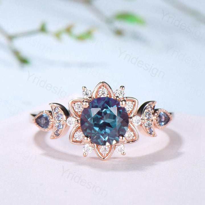Floral Alexandrite Engagement Ring, Moissanite Diamond Lotus, Rose Gold - PENFINE
