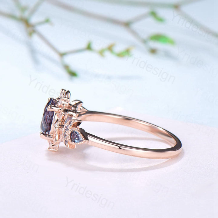 Floral Alexandrite Engagement Ring, Moissanite Diamond Lotus, Rose Gold - PENFINE