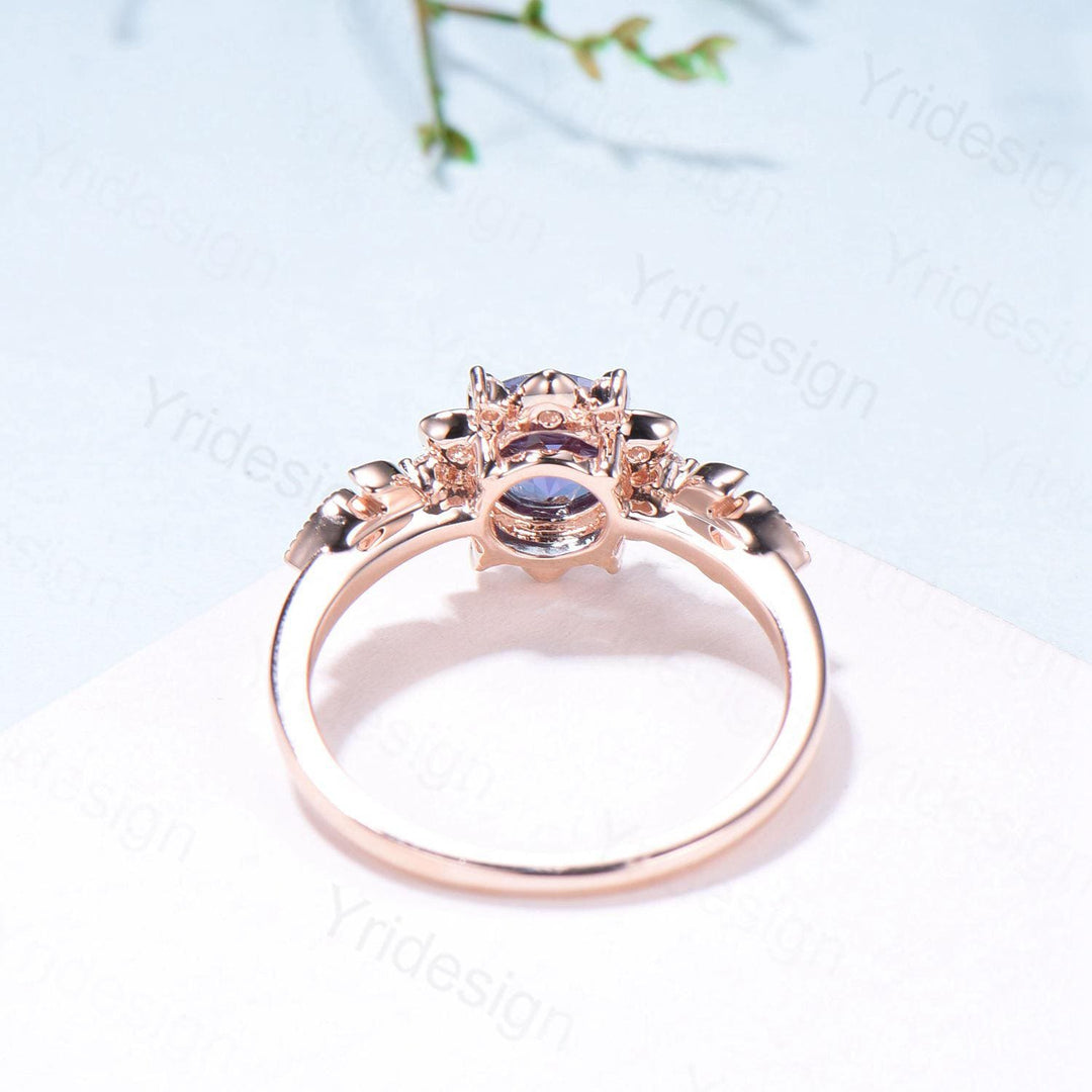 Floral Alexandrite Engagement Ring, Moissanite Diamond Lotus, Rose Gold - PENFINE