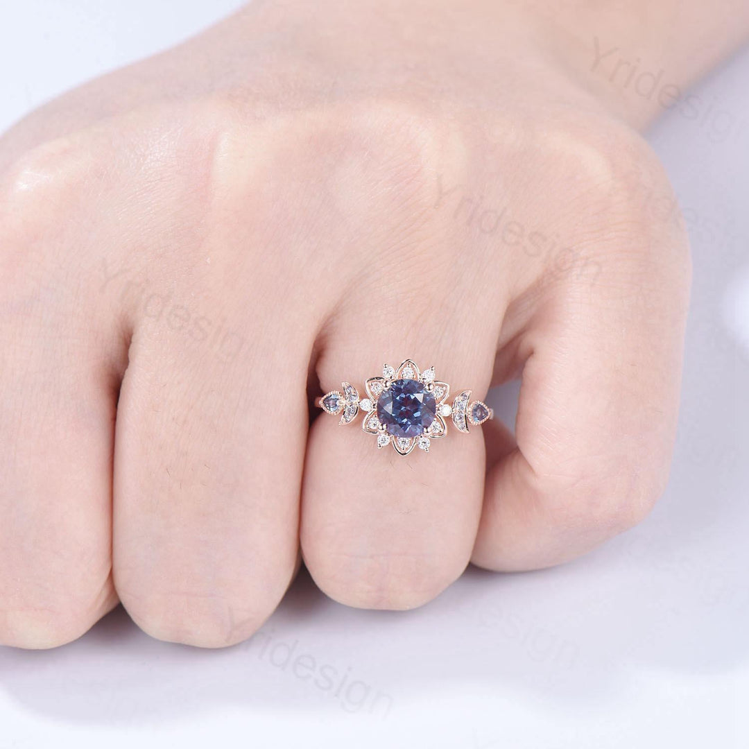 Floral Alexandrite Engagement Ring, Moissanite Diamond Lotus, Rose Gold - PENFINE