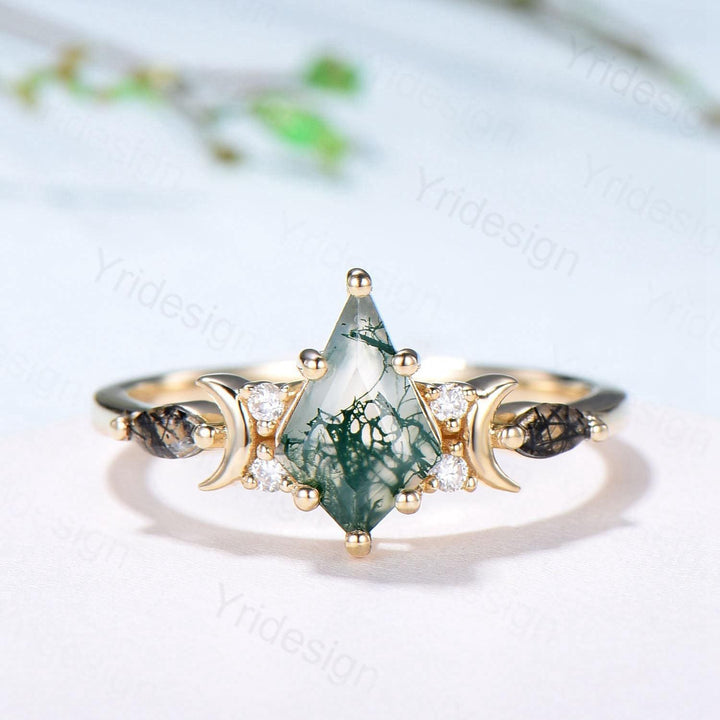 Yellow Gold Kite Cut Moss Agate Engagement Ring, Crescent Moon Star Marquise Black Rutilated Quartz Ring - PENFINE