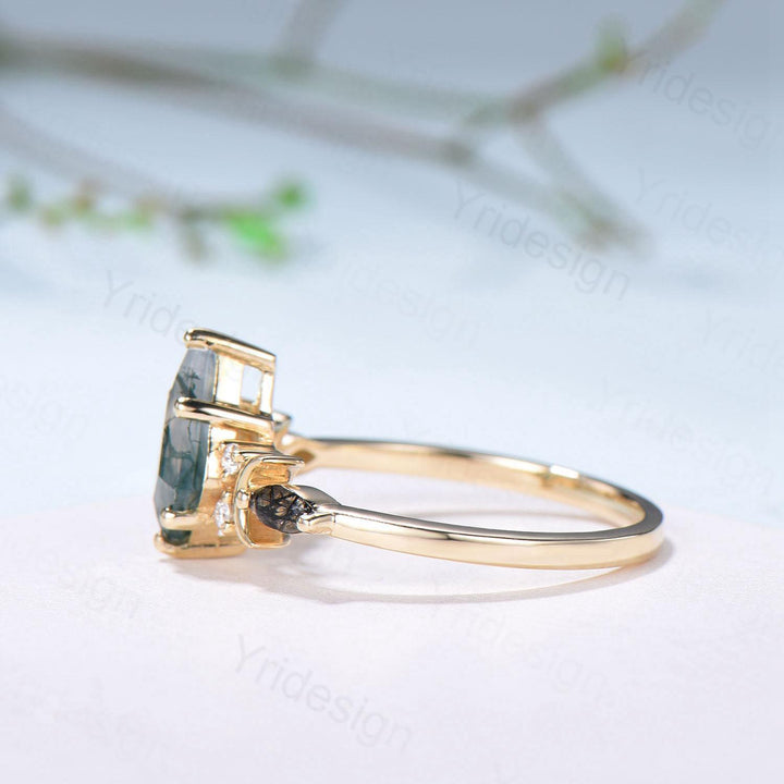 Yellow Gold Kite Cut Moss Agate Engagement Ring, Crescent Moon Star Marquise Black Rutilated Quartz Ring - PENFINE