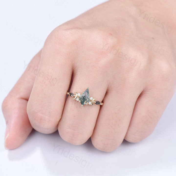 Yellow Gold Kite Cut Moss Agate Engagement Ring, Crescent Moon Star Marquise Black Rutilated Quartz Ring - PENFINE