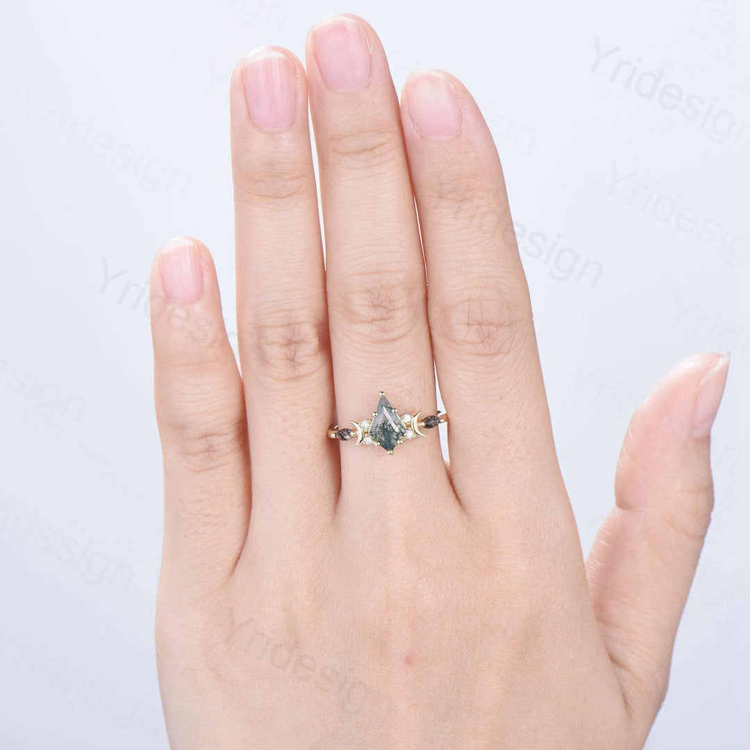Yellow Gold Kite Cut Moss Agate Engagement Ring, Crescent Moon Star Marquise Black Rutilated Quartz Ring - PENFINE