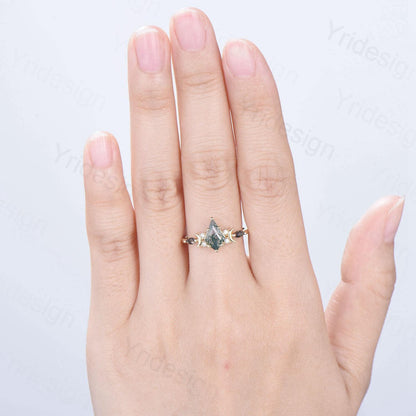 Yellow Gold Kite Cut Moss Agate Engagement Ring, Crescent Moon Star Marquise Black Rutilated Quartz Ring - PENFINE
