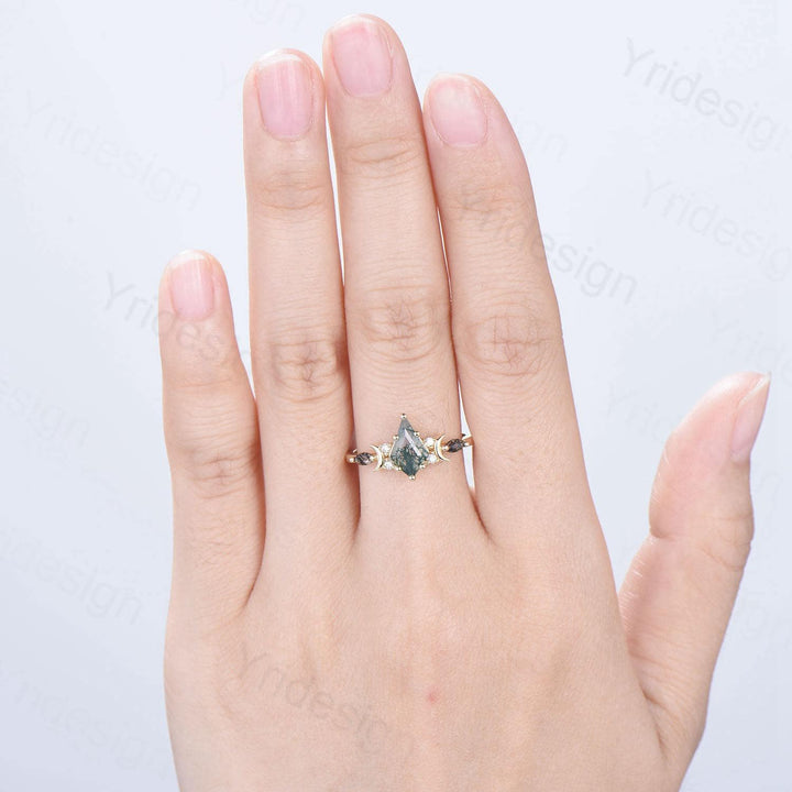 Yellow Gold Kite Cut Moss Agate Engagement Ring, Crescent Moon Star Marquise Black Rutilated Quartz Ring - PENFINE