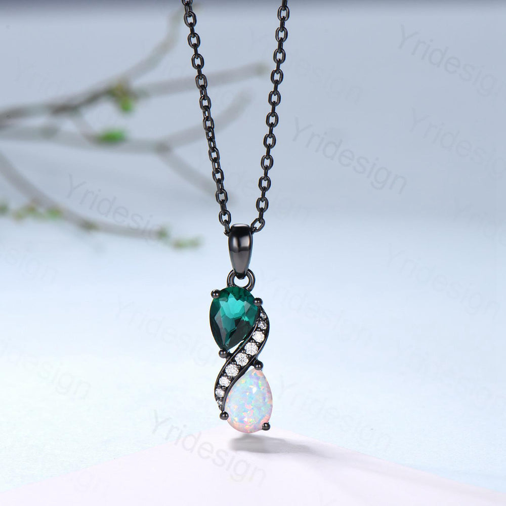 Blace Gold Pear Shaped Opal Emerald Necklace, Moissanite Diamond Accent, Snake Pendant - PENFINE