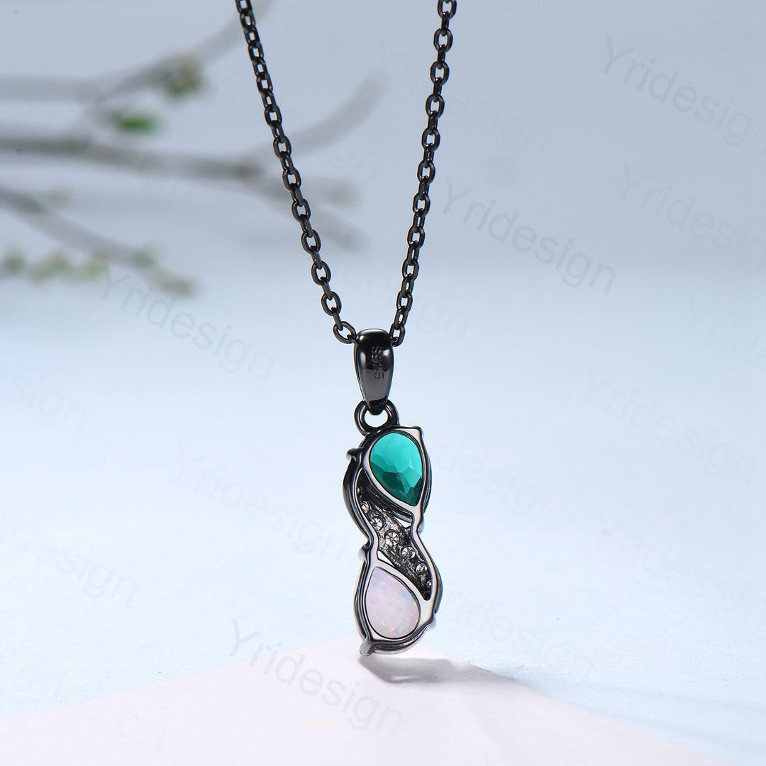 Blace Gold Pear Shaped Opal Emerald Necklace, Moissanite Diamond Accent, Snake Pendant - PENFINE