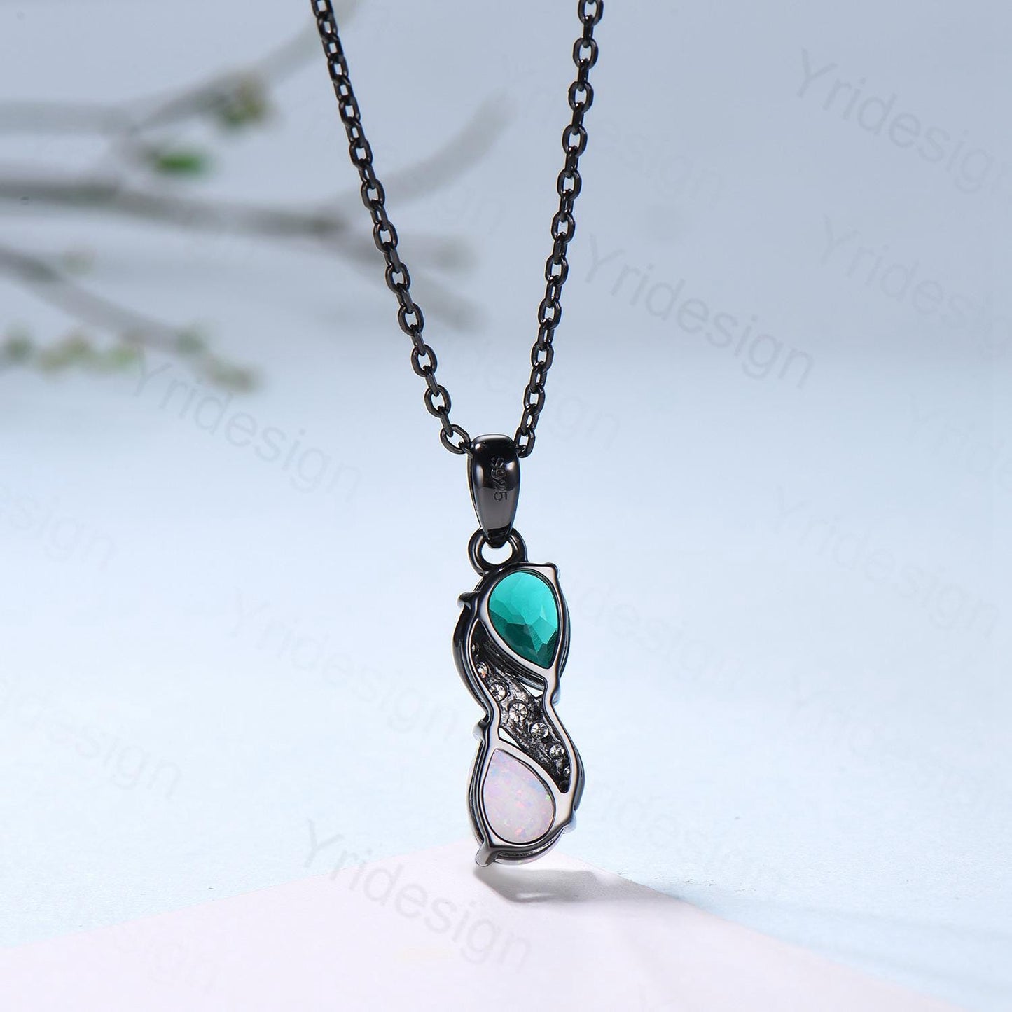 Blace Gold Pear Shaped Opal Emerald Necklace, Moissanite Diamond Accent, Snake Pendant - PENFINE