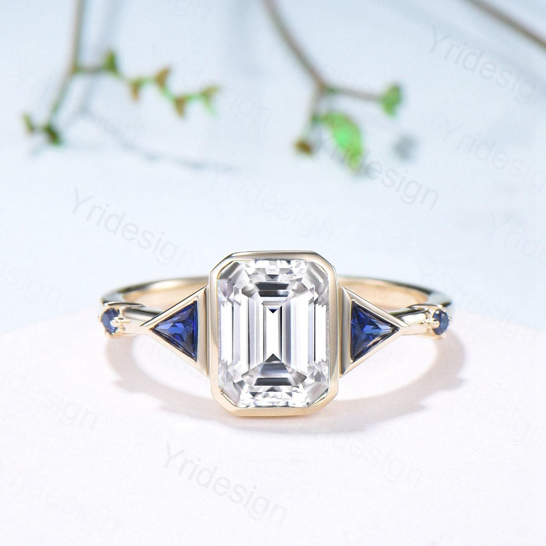 Emerald Cut Moissanite Engagement Ring, Five Stone Trillion Blue Sapphire Accents - PENFINE