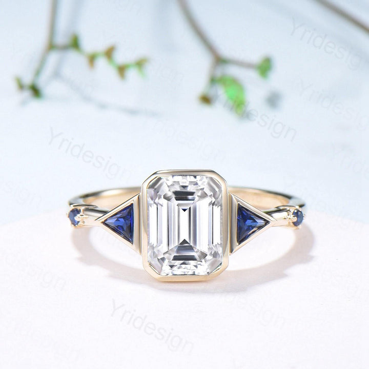 Emerald Cut Moissanite Engagement Ring, Five Stone Trillion Blue Sapphire Accents - PENFINE