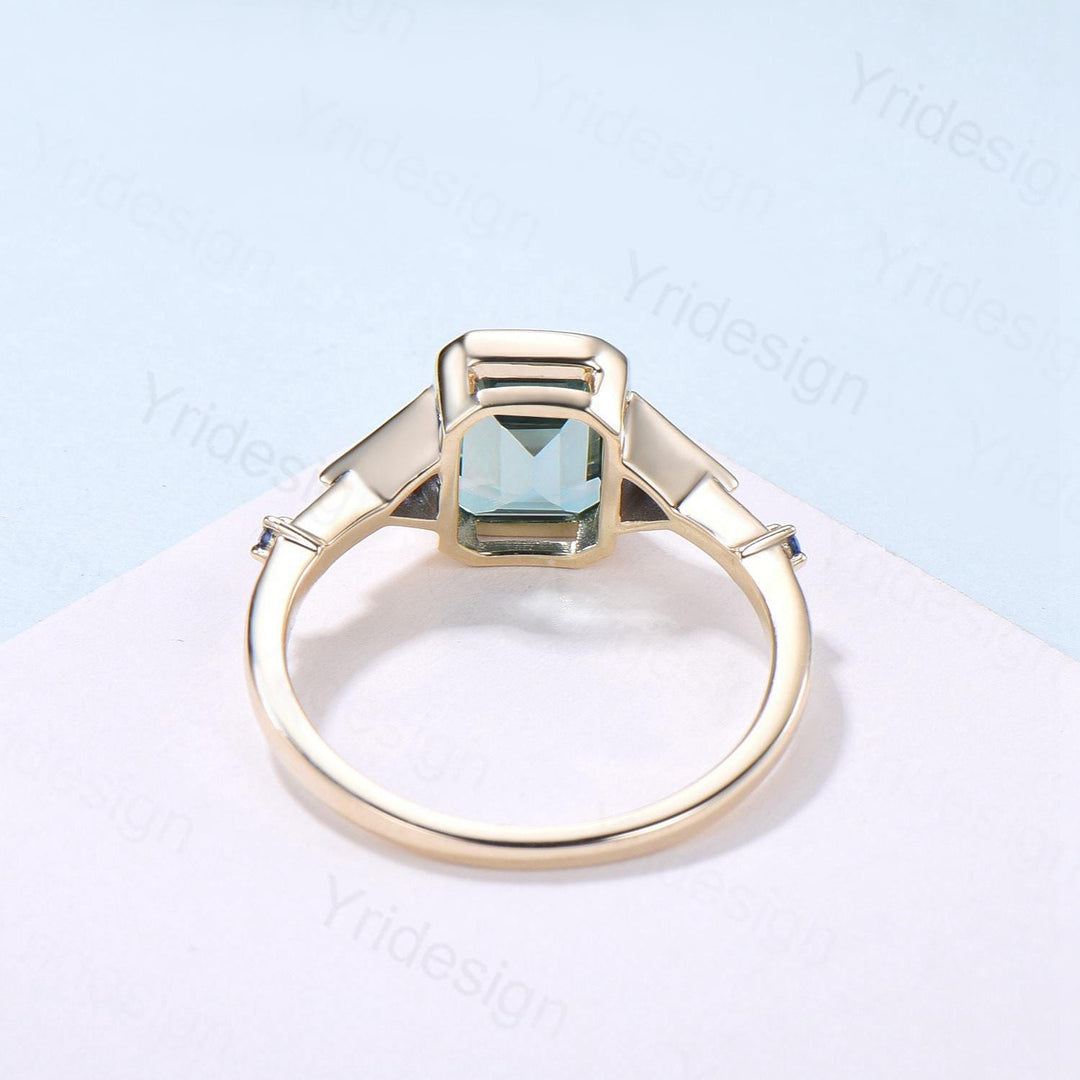 Emerald Cut Moissanite Engagement Ring, Five Stone Trillion Blue Sapphire Accents - PENFINE