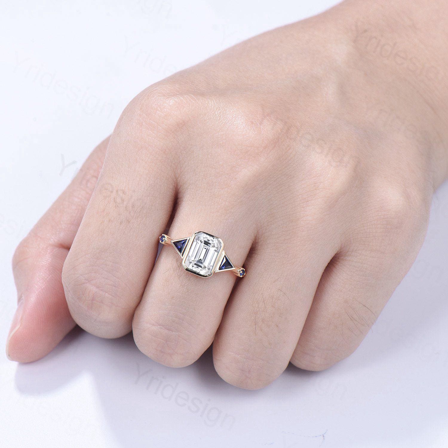 Emerald Cut Moissanite Engagement Ring, Five Stone Trillion Blue Sapphire Accents - PENFINE