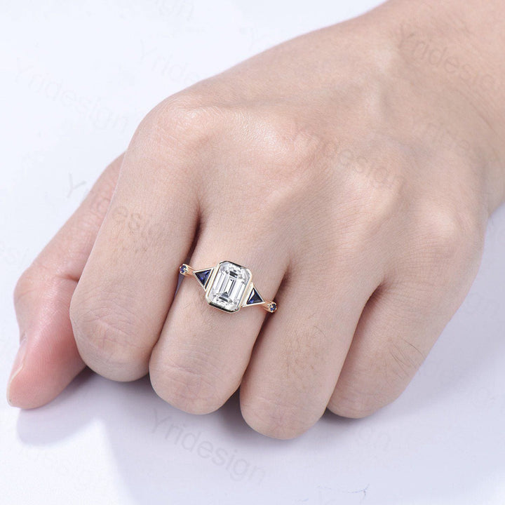 Emerald Cut Moissanite Engagement Ring, Five Stone Trillion Blue Sapphire Accents - PENFINE