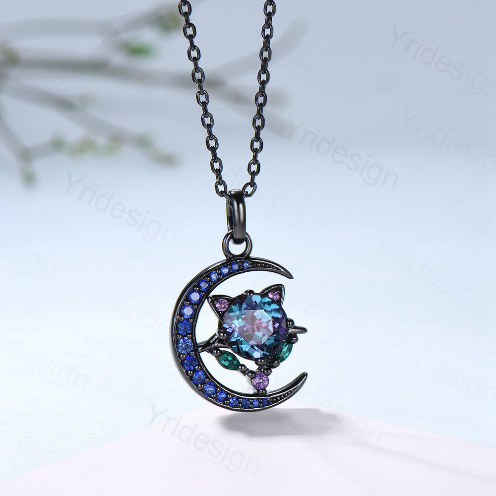 Unique Black Gold Alexandrite Necklace Magic Crescent Moon Devil Pendant Necklace Sapphire Emerald Gothic Anniversary Gift for Daughter - PENFINE