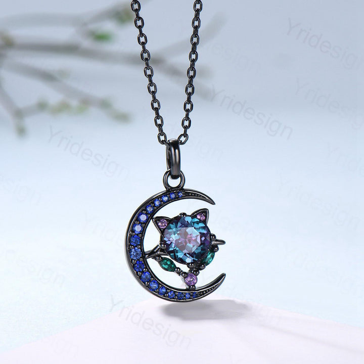 Unique Black Gold Alexandrite Necklace Magic Crescent Moon Devil Pendant Necklace Sapphire Emerald Gothic Anniversary Gift for Daughter - PENFINE