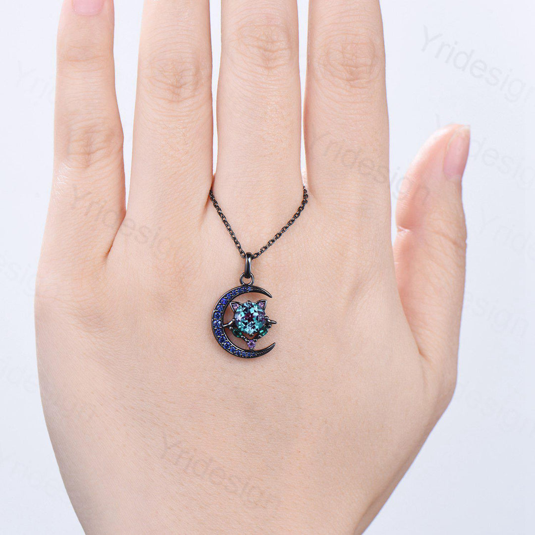 Unique Black Gold Alexandrite Necklace Magic Crescent Moon Devil Pendant Necklace Sapphire Emerald Gothic Anniversary Gift for Daughter - PENFINE