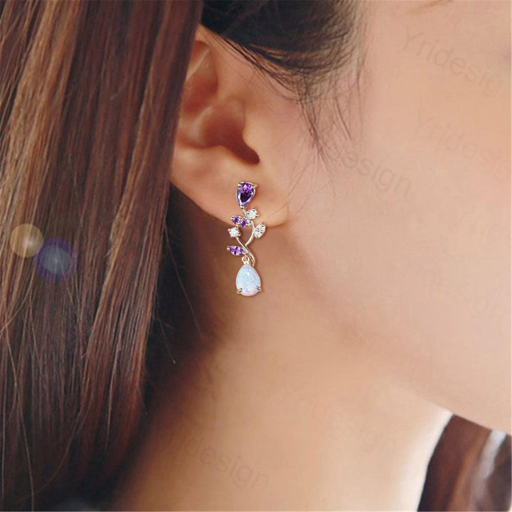 Nature Inspired Opal Earrings Amethyst Pear Shaped White Fire Opal Leaf Stud Earrings Silver Earrings Handmade Anniversary Promise Gift - PENFINE