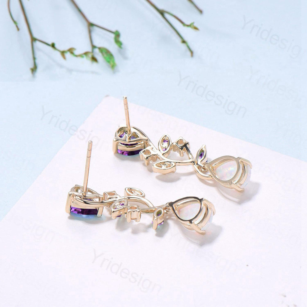 Nature Inspired Opal Earrings Amethyst Pear Shaped White Fire Opal Leaf Stud Earrings Silver Earrings Handmade Anniversary Promise Gift - PENFINE