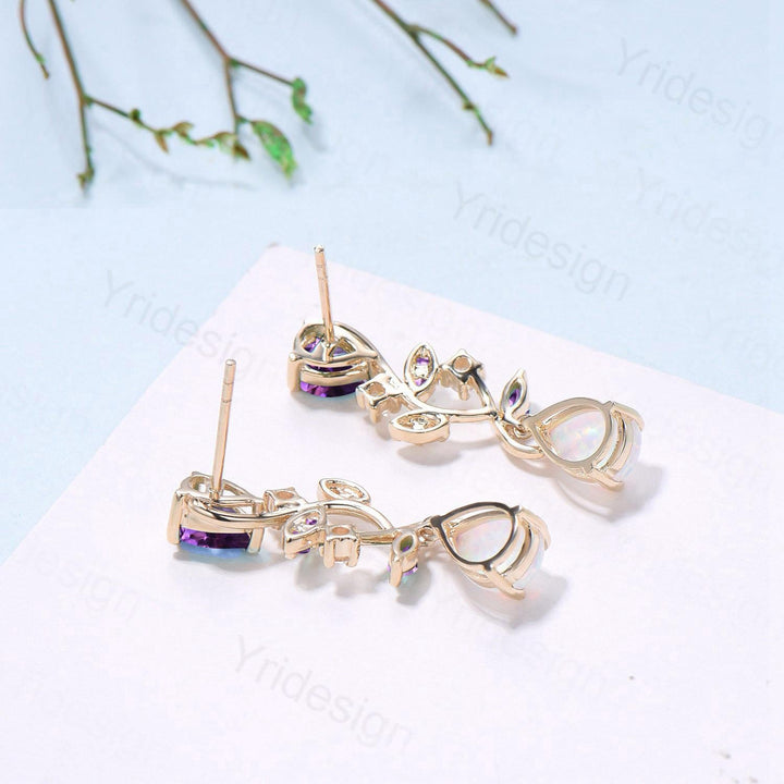 Nature Inspired Opal Earrings Amethyst Pear Shaped White Fire Opal Leaf Stud Earrings Silver Earrings Handmade Anniversary Promise Gift - PENFINE