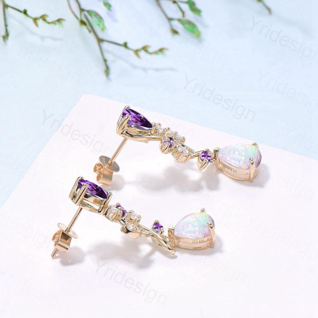 Nature Inspired Opal Earrings Amethyst Pear Shaped White Fire Opal Leaf Stud Earrings Silver Earrings Handmade Anniversary Promise Gift - PENFINE