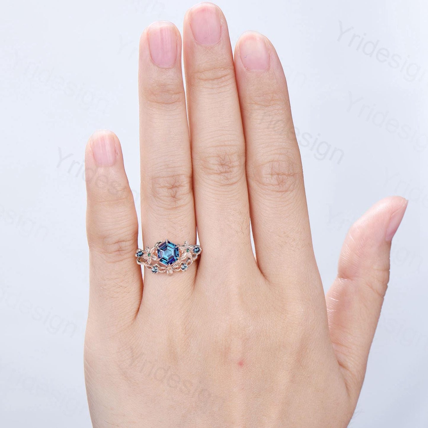 Color-Change Alexandrite Engagement Ring | Enchanted Floral Vine Wrap Ring Accent Emerald | Rose Gold Hexagon Gem June Birthstone Bridla Set - PENFINE