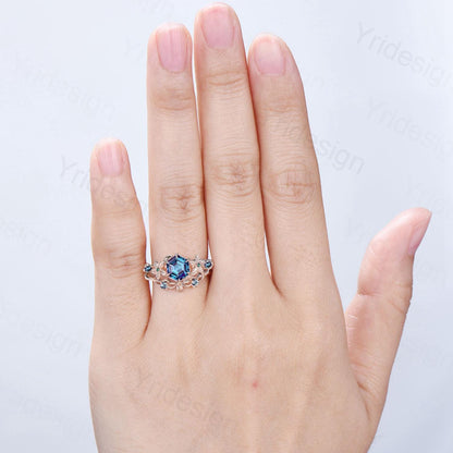 Color-Change Alexandrite Engagement Ring | Enchanted Floral Vine Wrap Ring Accent Emerald | Rose Gold Hexagon Gem June Birthstone Bridla Set - PENFINE