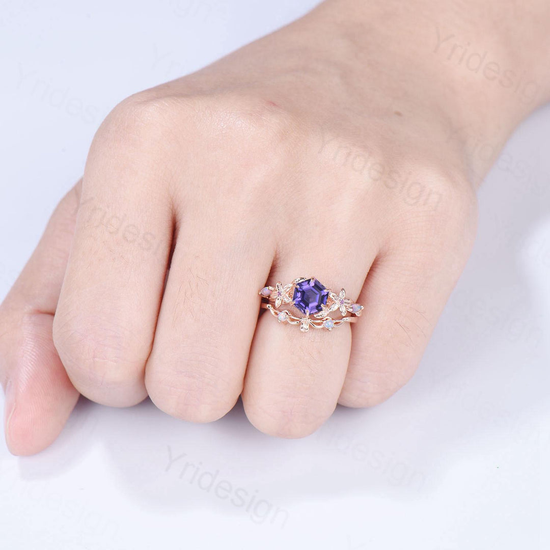 Enchanted Purple Sapphire Ring with Opal Accents | Rose Gold Floral Vine Wrap Design | Unique Sep Birthstone Statement Ring for Her - PENFINE