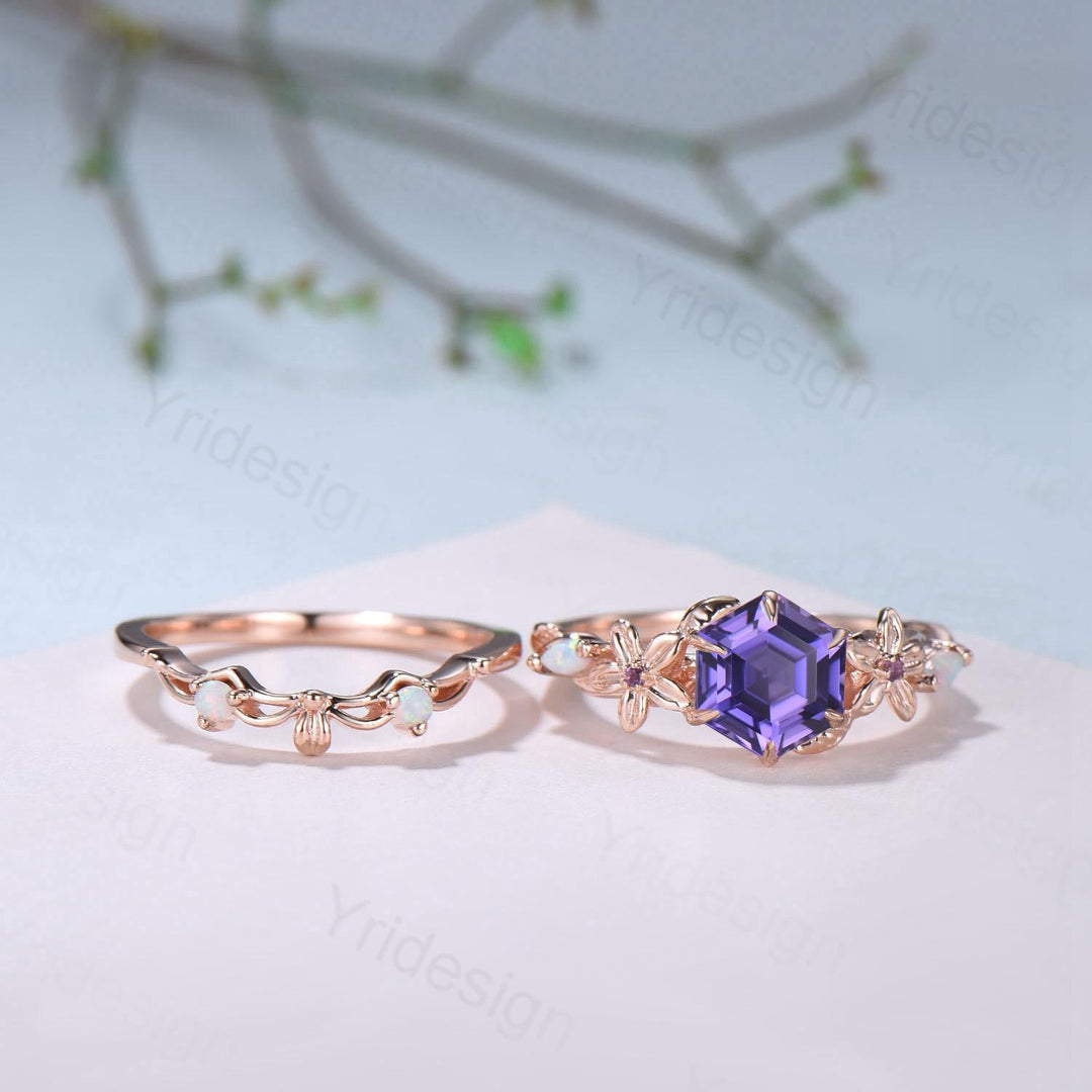 Enchanted Purple Sapphire Ring with Opal Accents | Rose Gold Floral Vine Wrap Design | Unique Sep Birthstone Statement Ring for Her - PENFINE