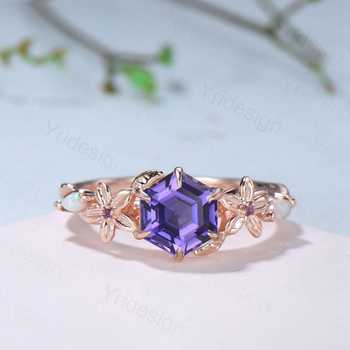 Enchanted Purple Sapphire Ring with Opal Accents | Rose Gold Floral Vine Wrap Design | Unique Sep Birthstone Statement Ring for Her - PENFINE