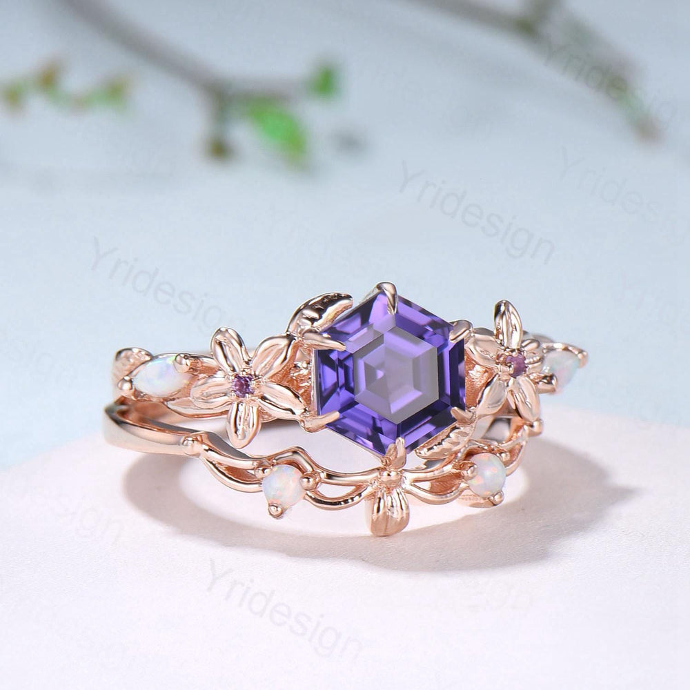 Enchanted Purple Sapphire Ring with Opal Accents | Rose Gold Floral Vine Wrap Design | Unique Sep Birthstone Statement Ring for Her - PENFINE