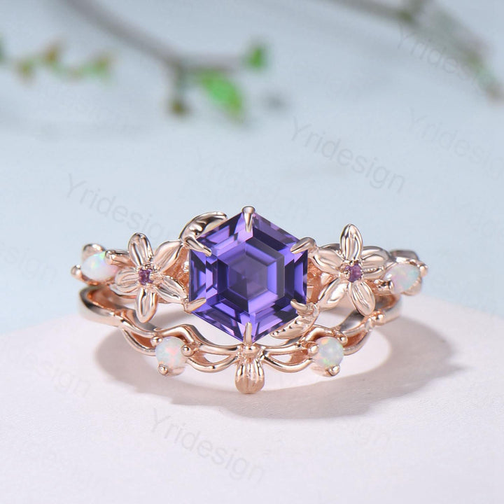 Enchanted Purple Sapphire Ring with Opal Accents | Rose Gold Floral Vine Wrap Design | Unique Sep Birthstone Statement Ring for Her - PENFINE