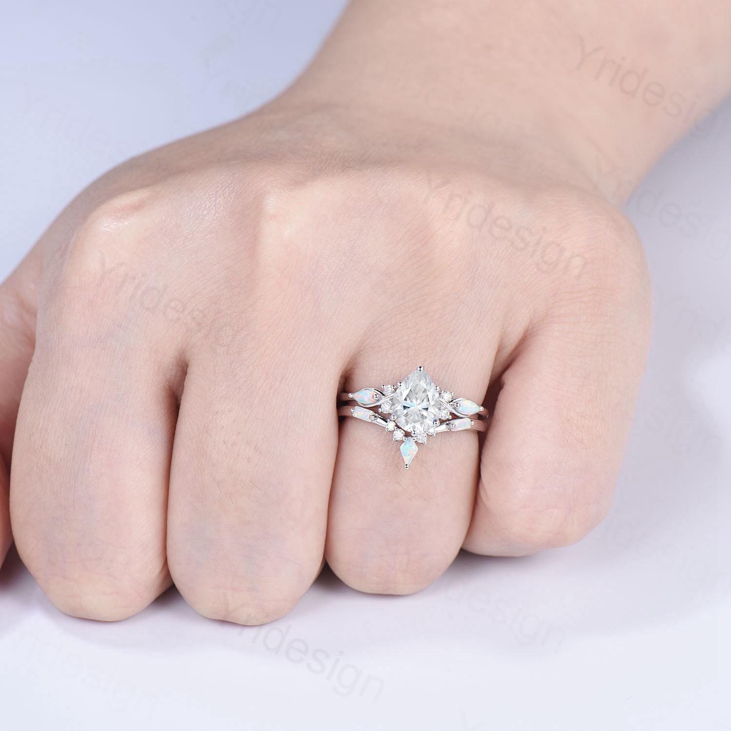 Vintage Pear Shaped Moissanite Wedding Ring Set, White Gold Accent Opal Stacking Band, Unique Moissanite Engagement Ring For Women - PENFINE