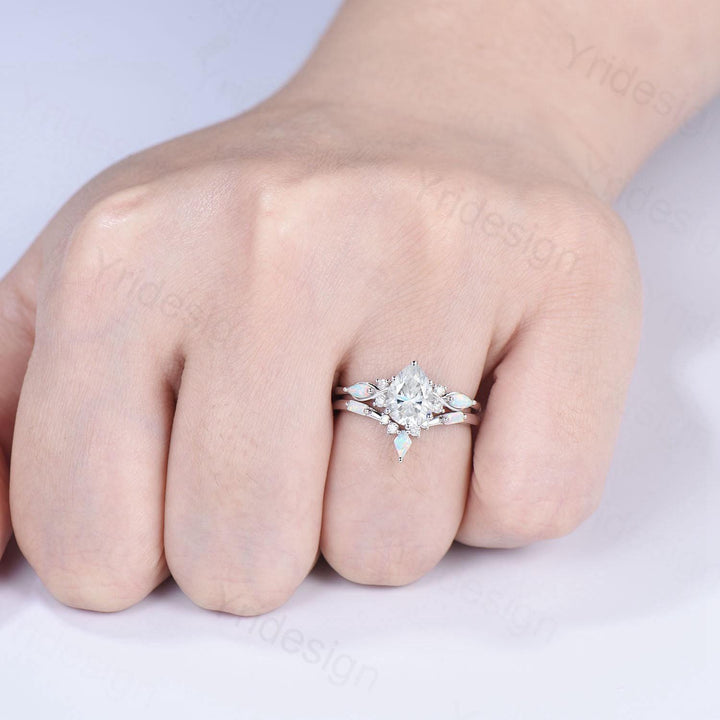 Vintage Pear Shaped Moissanite Wedding Ring Set, White Gold Accent Opal Stacking Band, Unique Moissanite Engagement Ring For Women - PENFINE