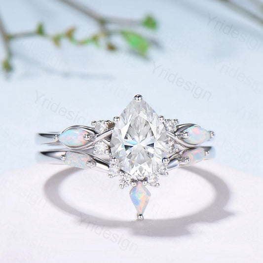 Vintage Pear Shaped Moissanite Wedding Ring Set, White Gold Accent Opal Stacking Band, Unique Moissanite Engagement Ring For Women - PENFINE