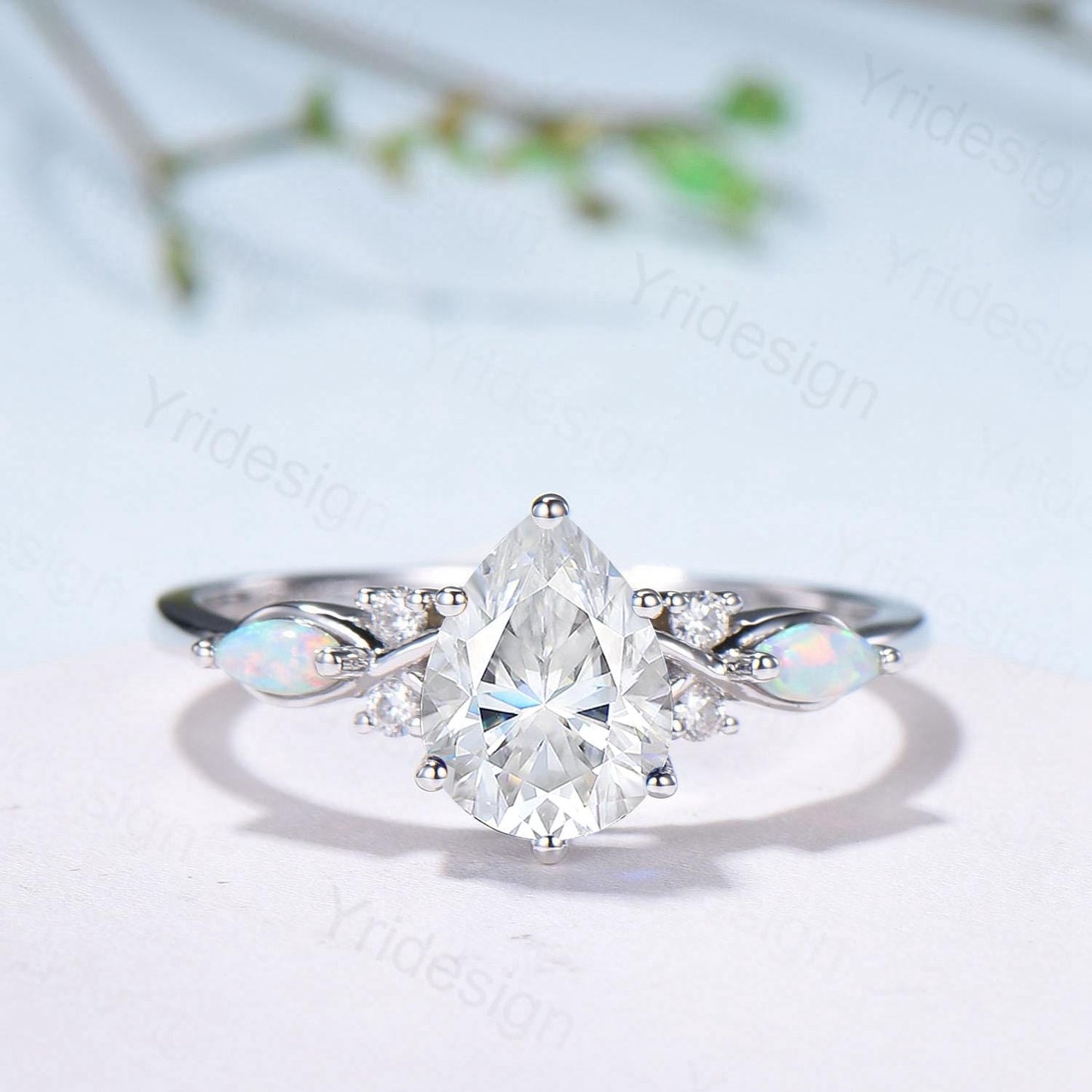 Vintage Pear Shaped Moissanite Wedding Ring Set, White Gold Accent Opal Stacking Band, Unique Moissanite Engagement Ring For Women - PENFINE