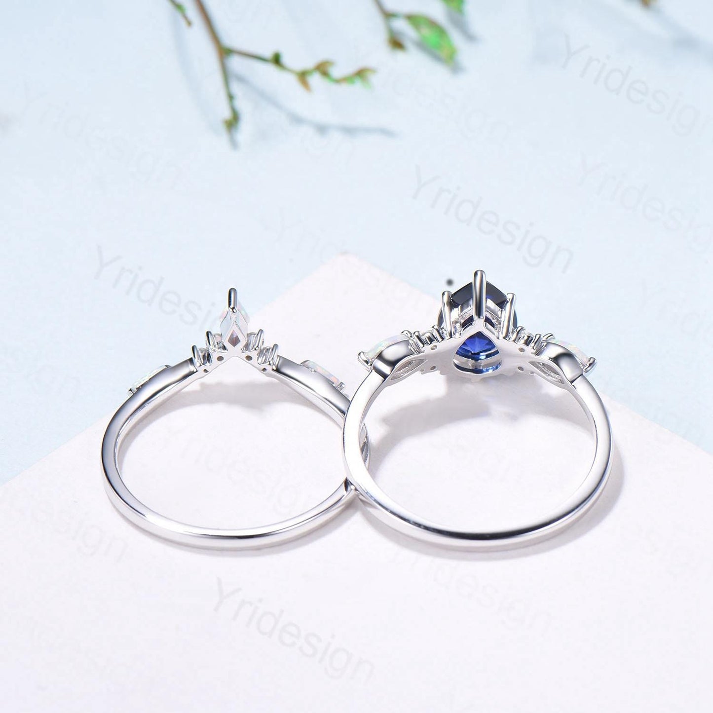 Vintage Pear Shaped Moissanite Wedding Ring Set, White Gold Accent Opal Stacking Band, Unique Moissanite Engagement Ring For Women - PENFINE