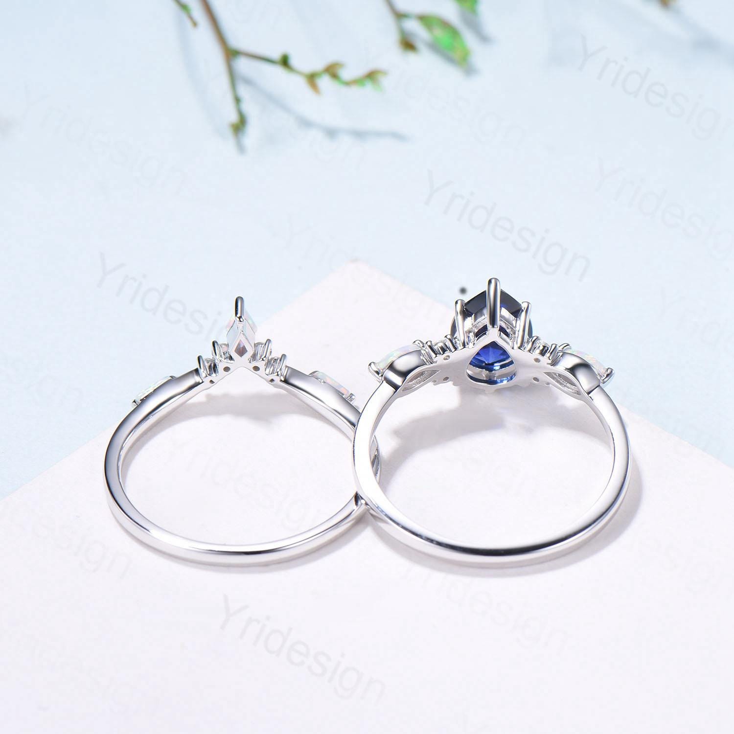 Vintage Pear Shaped Moissanite Wedding Ring Set, White Gold Accent Opal Stacking Band, Unique Moissanite Engagement Ring For Women - PENFINE