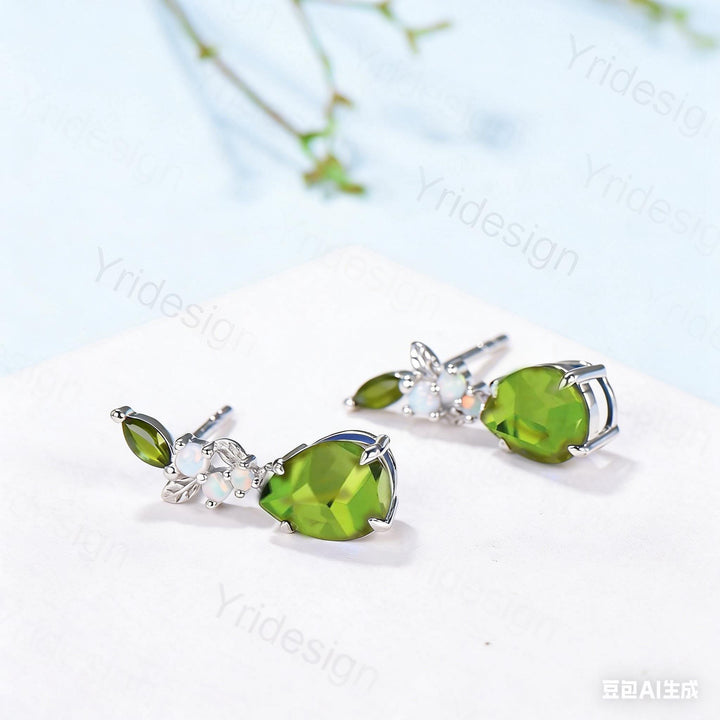 Vintage Pear Shaped Peridot Earrings, Leaf Vine Studs, Silver White Gold Nature Inspired Opal Earrings for Women - PENFINE