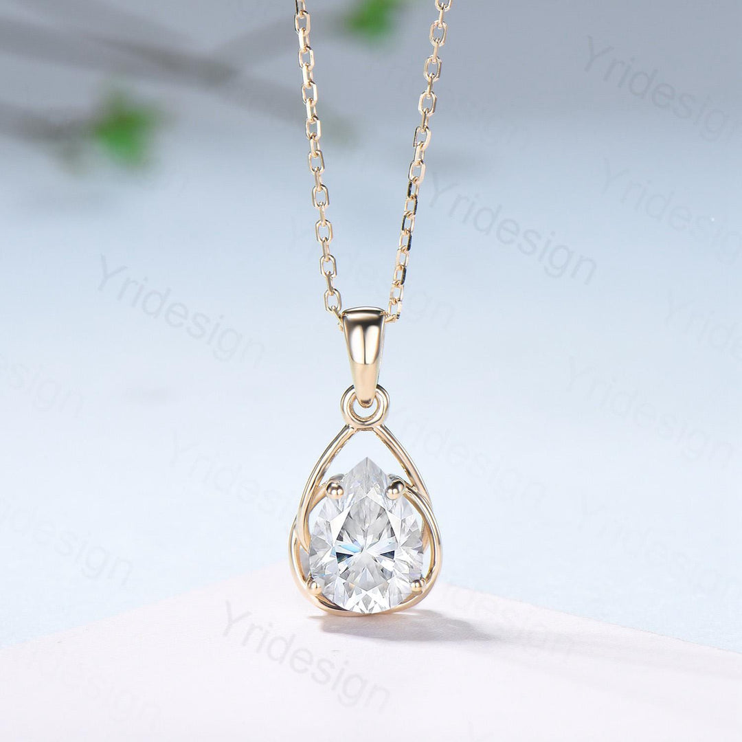Twisted Gold Teardrop Moissanite Pendant Necklace | Wire-Wrapped Pear Lab Grown Diamond Fine Jewelry | Delicate Open-Frame Drop Necklace - PENFINE