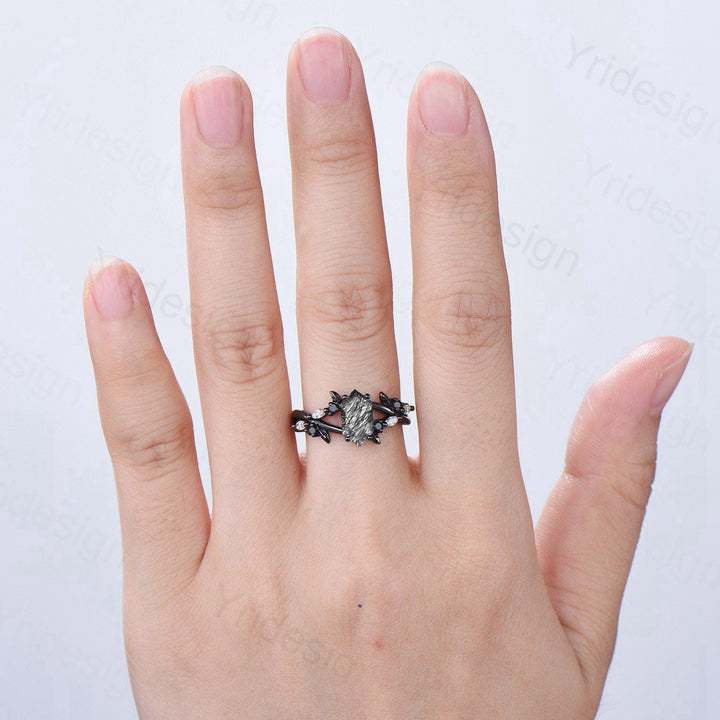 Art Deco Long Hexagon Cut Black Rutilated Quartz Engagement Ring Black Gold Gothic Engagement Ring Leaf Vine Black Spinel Moissanite Band - PENFINE