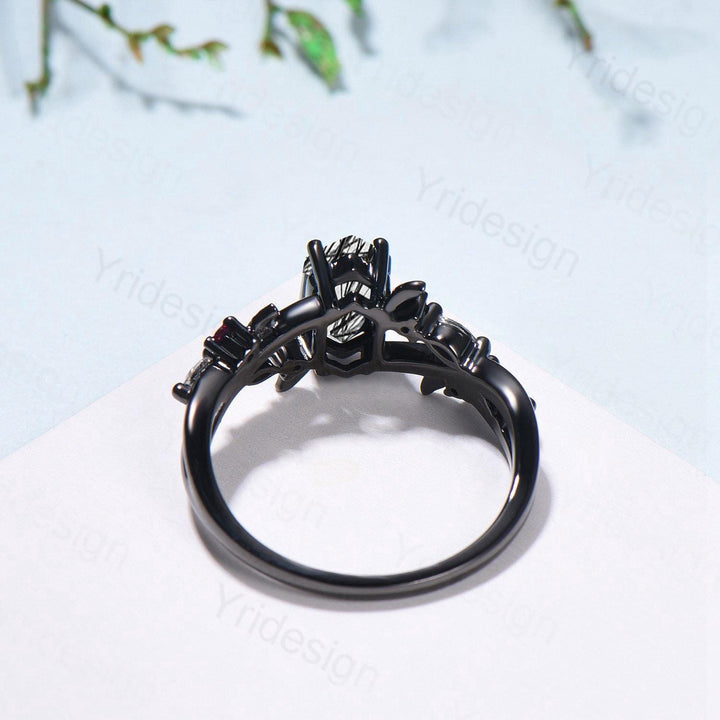 Art Deco Long Hexagon Cut Black Rutilated Quartz Engagement Ring Black Gold Gothic Engagement Ring Leaf Vine Black Spinel Moissanite Band - PENFINE