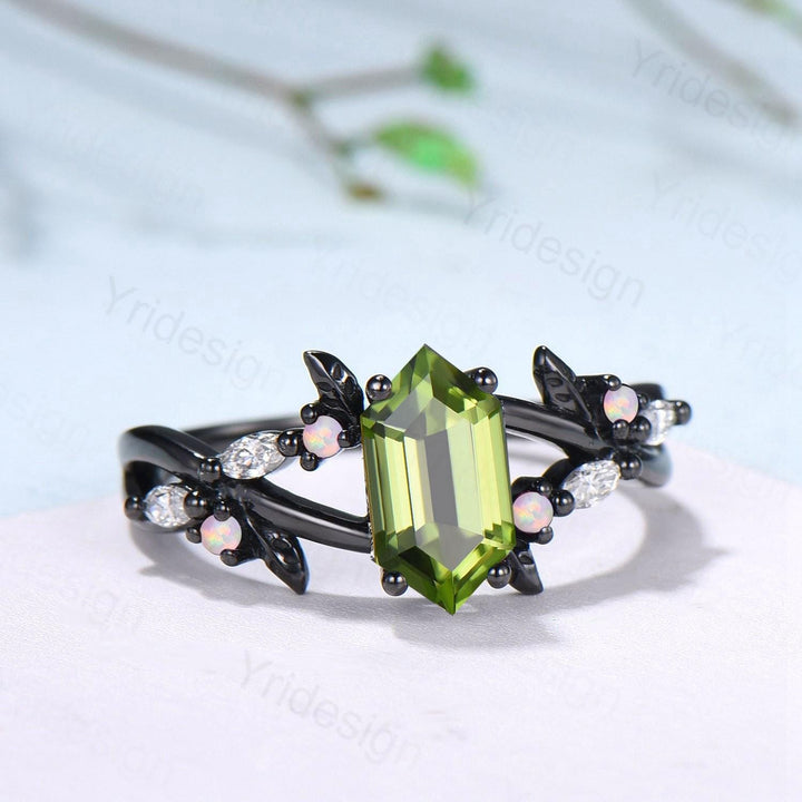 Unique Black Gold Natural Peridot Engagement Ring, Gothic Opal Moissanite Leaf Vine Wedding Ring Long Hexagon Cut August Birthstone Jewelry - PENFINE