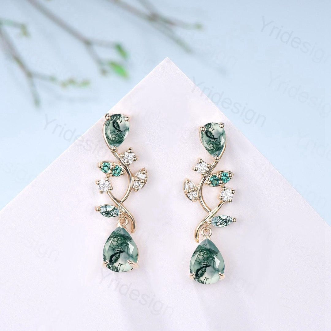 Elegant Moss Agate Earrings Nature Inspired Pear Shaped Studs Earrings Leaf Vine Stud Earrings Handmade Anniversary Promise Gift for Women - PENFINE