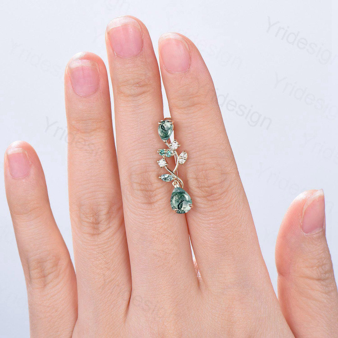 Elegant Moss Agate Earrings Nature Inspired Pear Shaped Studs Earrings Leaf Vine Stud Earrings Handmade Anniversary Promise Gift for Women - PENFINE